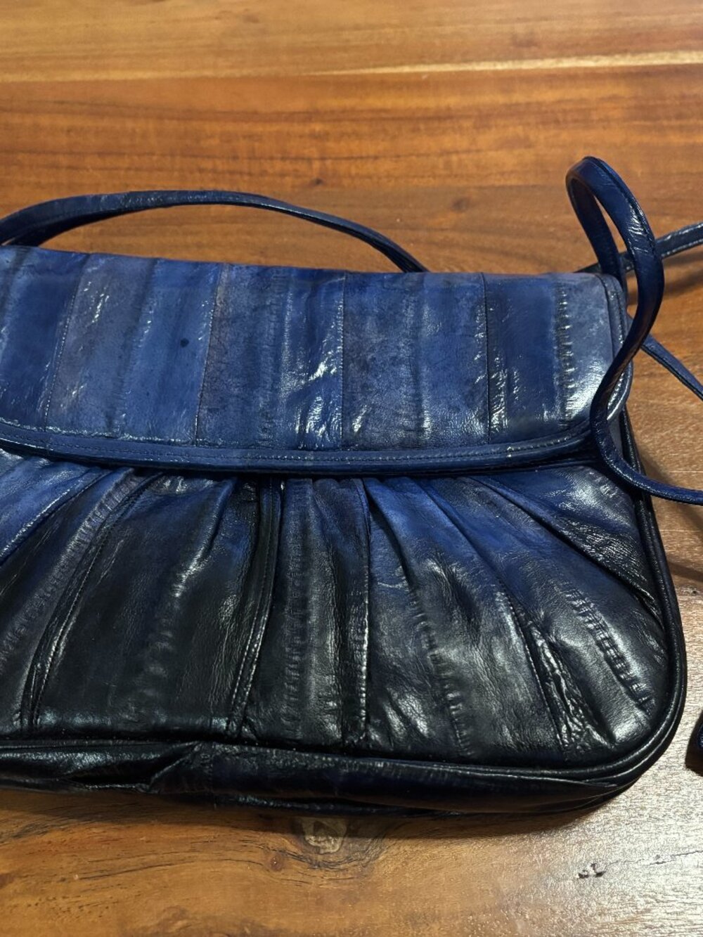 Vintage Genuine Eel Skin Handbag Shoulder Bag Navy Blue Suede Interior